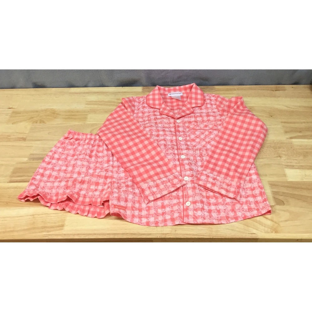 American Girl Pajamas Set Girls Size M 10/12 Pink Gingham Floral Ruffle AG